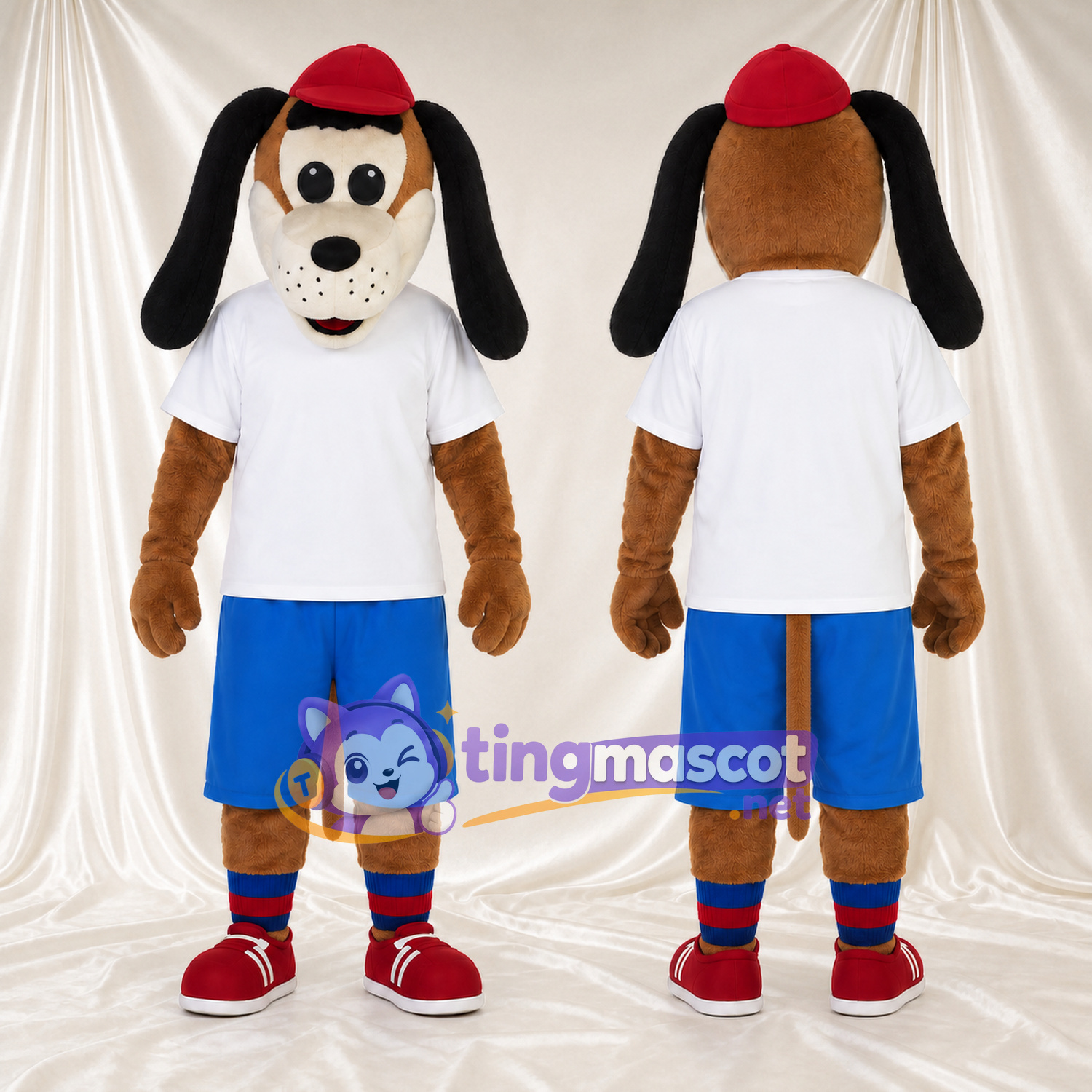 Costume de mascotte Chien – marron – Casquette (rouge); T-shirt (blanc); Short (bleu) Costume de mascotte Chien – marron – Casquette (rouge); T-shirt (blanc); Short (bleu)