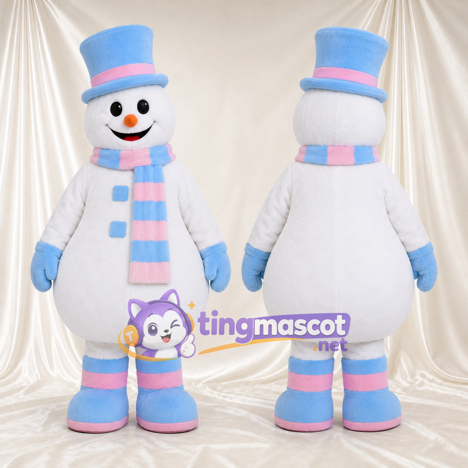 Maskottchenkostüm Schneemann – wie abgebildet – Hut (pastellfarben, blau); Schal (rosa, blau) Maskottchenkostüm Schneemann – wie abgebildet – Hut (pastellfarben, blau); Schal (rosa, blau)