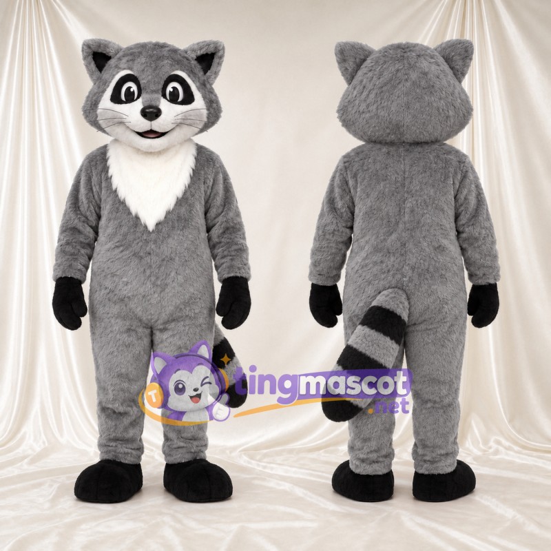 Costume de mascotte Raton laveur – gris – Bavette au cou (blanc); Queue