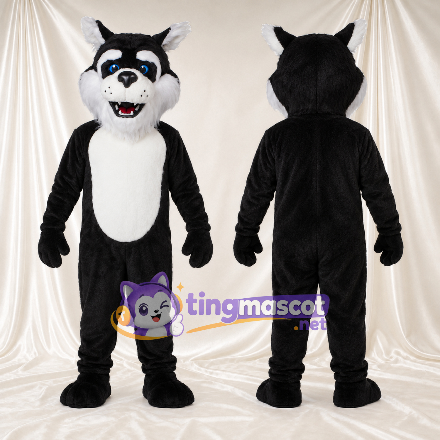 Black and White Husky Mascot Costume - Blue Eyes and White Chest Black and White Husky Mascot Costume - Blue Eyes and White Chest