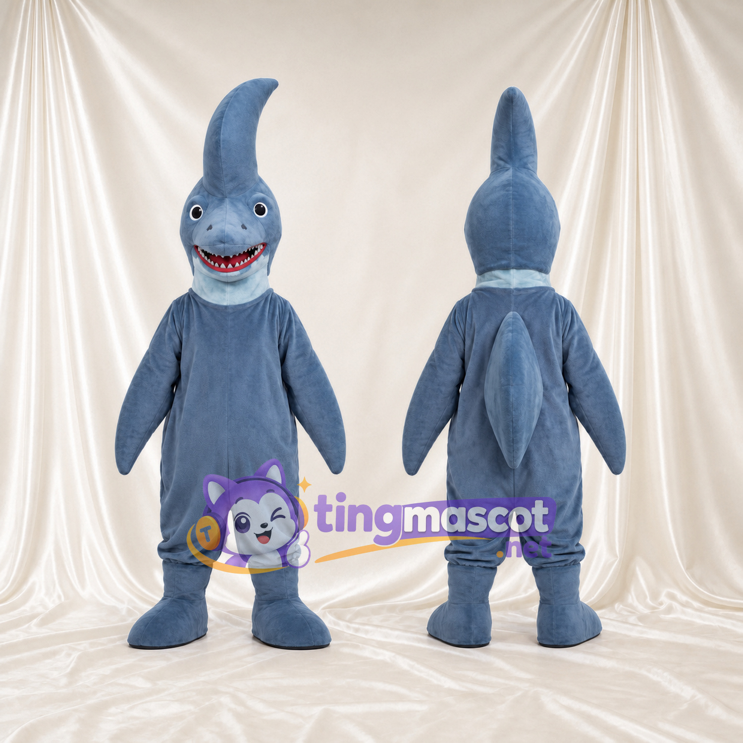 Blue Shark Mascot Costume - Tall Curved Head Fin and Toothy Smile Blue Shark Mascot Costume - Tall Curved Head Fin and Toothy Smile