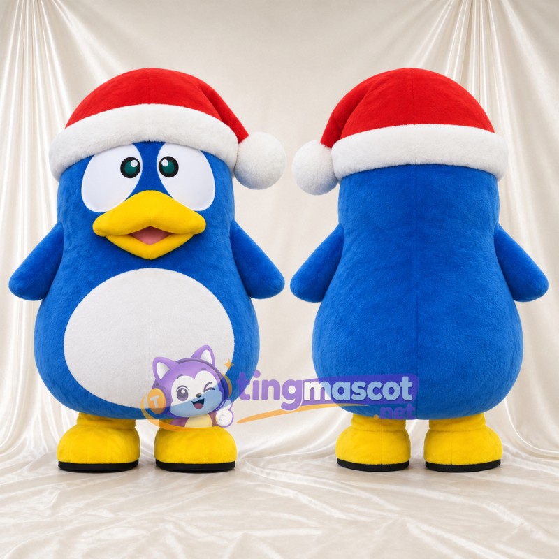 Blue Penguin Mascot Costume - Red Santa Hat and White Belly