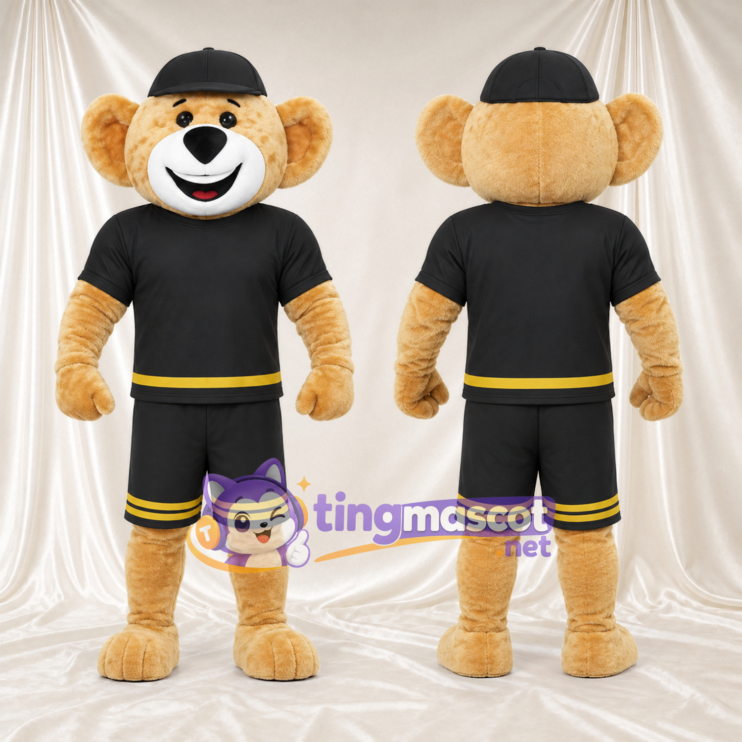 Golden Bear Mascot Costume - Black Cap and Black Sports Outfit Golden Bear Mascot Costume - Black Cap and Black Sports Outfit