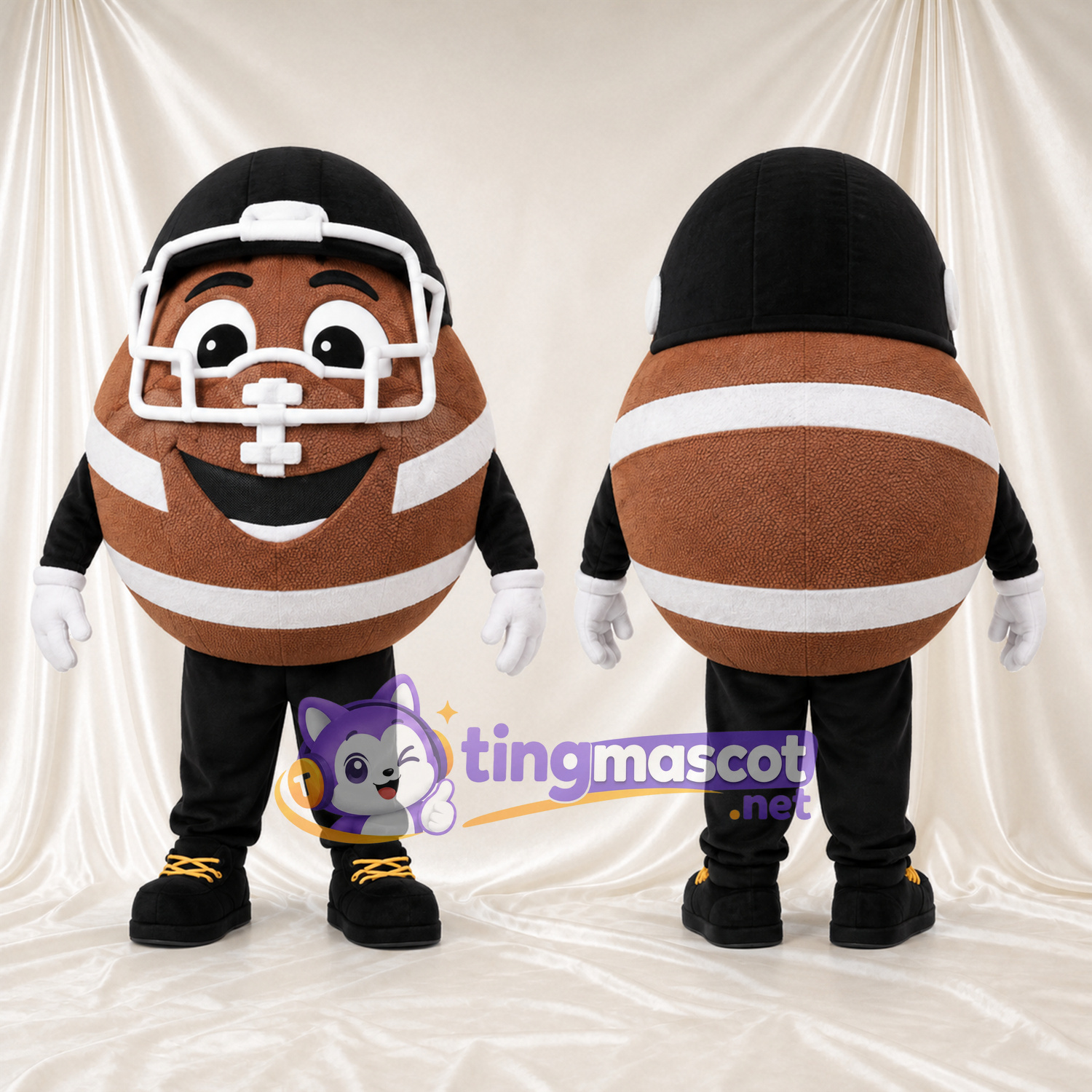 Costume de mascotte Ballon de football américain – marron – Casque (noir); Visage (blanc)