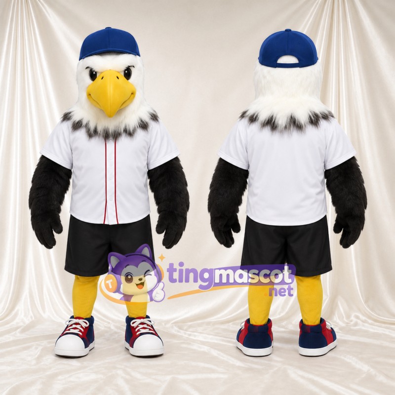 Bald Eagle Mascot Costume - Blue Cap and White Baseball Shirt