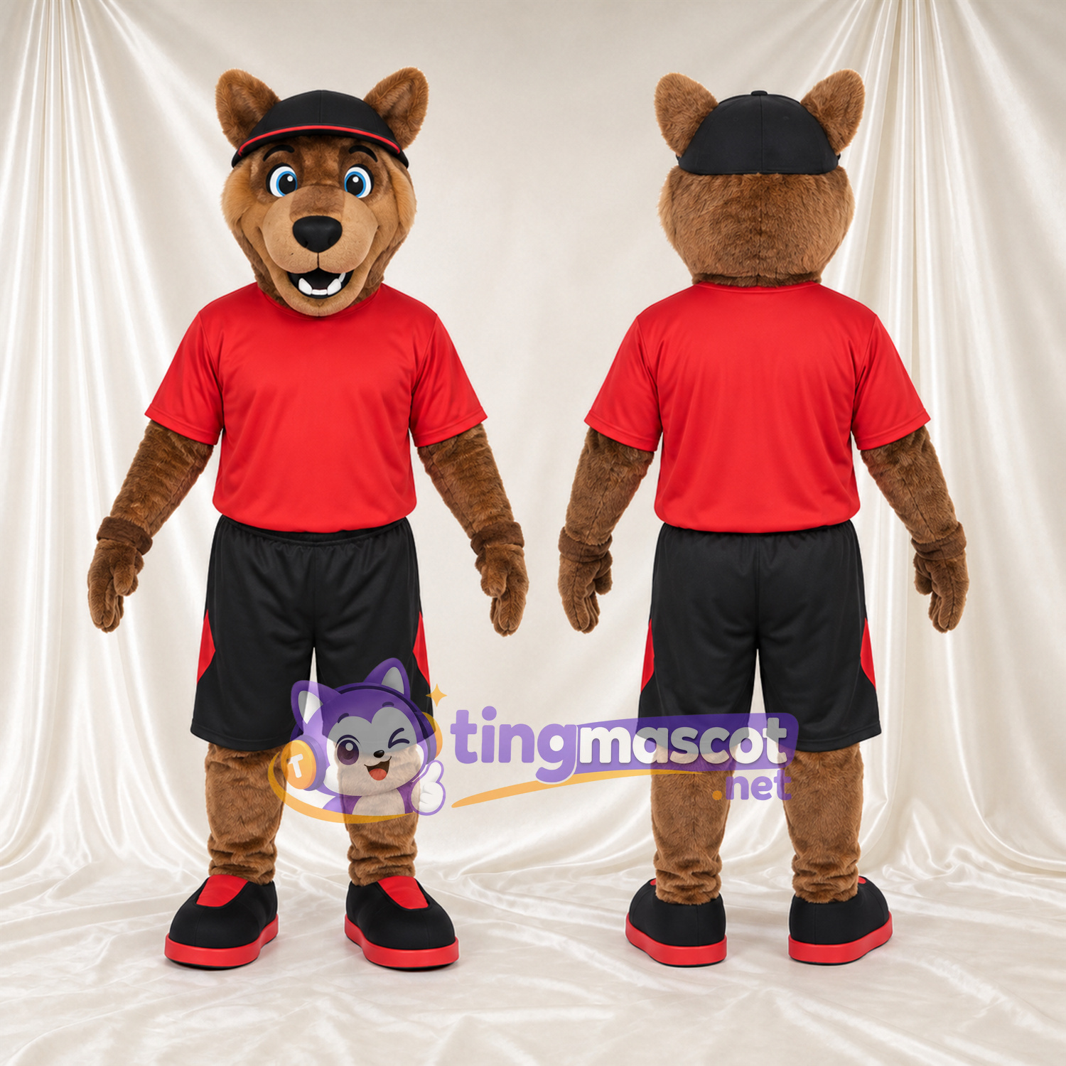 Costume de mascotte Chien – marron – Casquette (noir); T-shirt (rouge); Short (noir)