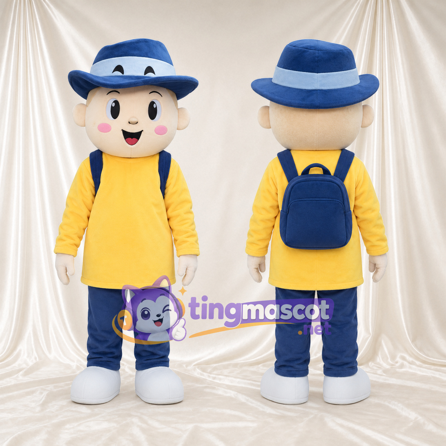 Boy Character Mascot Costume - Blue Hat and Yellow Shirt Boy Character Mascot Costume - Blue Hat and Yellow Shirt