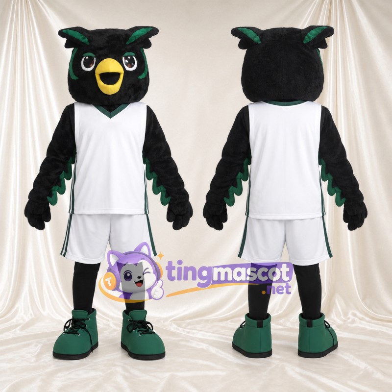 Black Owl Mascot Costume - White Basketball Uniform and Green Sneakers