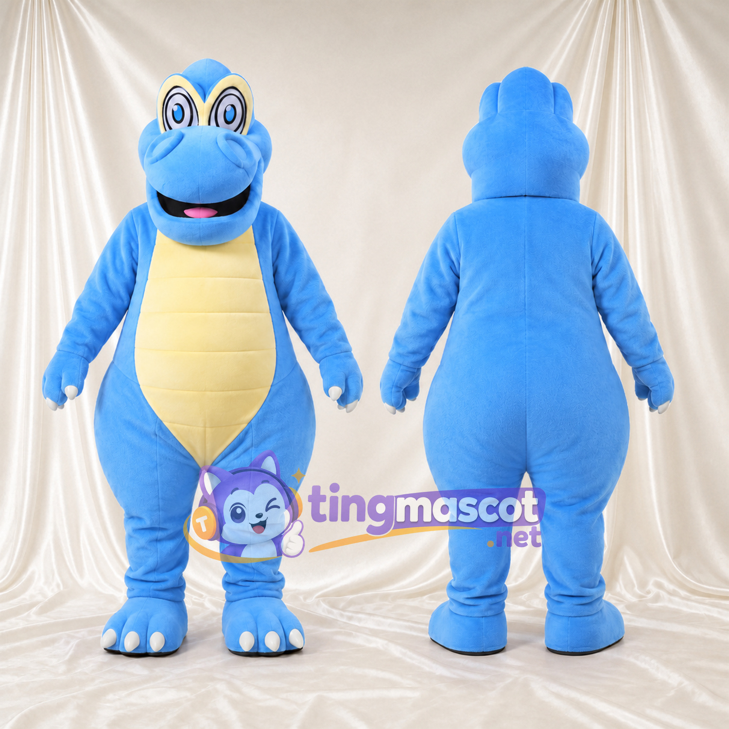 Blue Dinosaur Mascot Costume - Yellow Belly and Round Glasses Blue Dinosaur Mascot Costume - Yellow Belly and Round Glasses