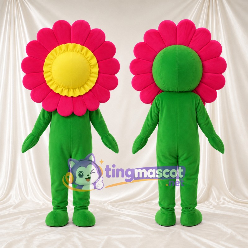 Costume de mascotte Fleur – rose – Tige (jaune, vert); Corps