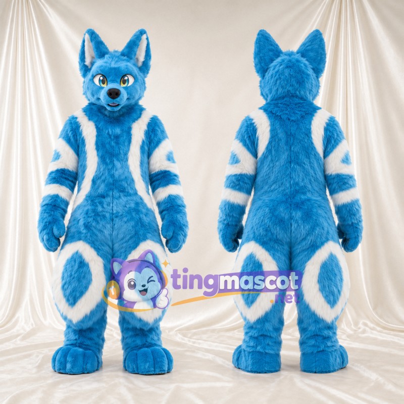 Costume de mascotte Loup – bleu – Fourrure (blanc, rayé); Longues oreilles