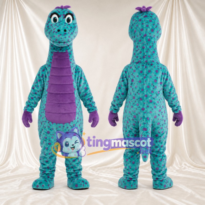Costume de mascotte Dinosaure – turquoise – Ventre (violet); Corps tacheté