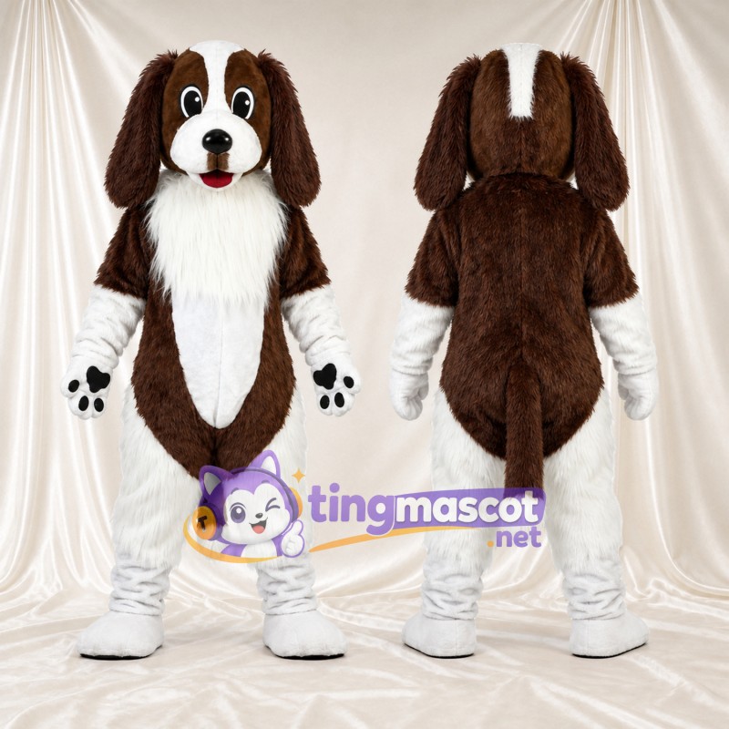 Maskottchenkostüm Hund – braun / weiß – Brust (zottelig); Lange Ohren