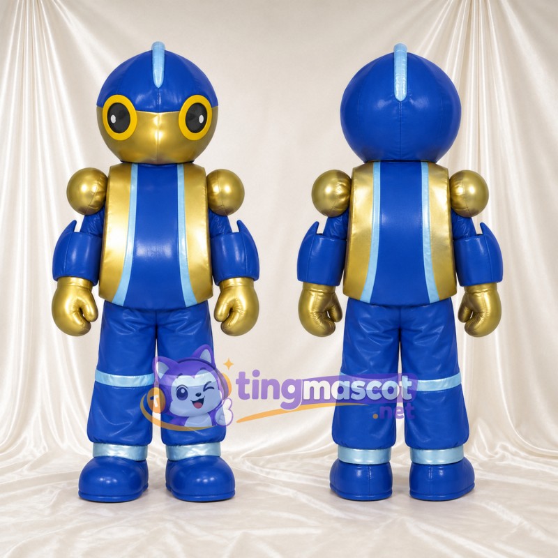 Blue Robot Mascot Costume - Gold Trim and Round Eyes