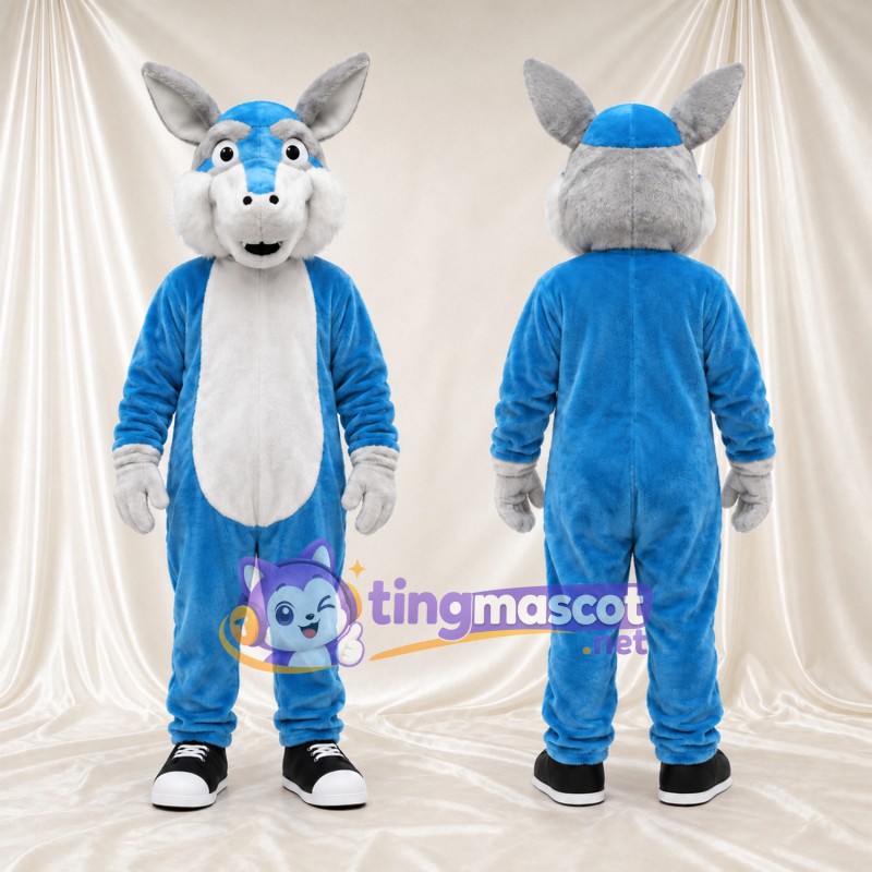 Blue Donkey Mascot Costume - Gray Ears and Black Sneakers