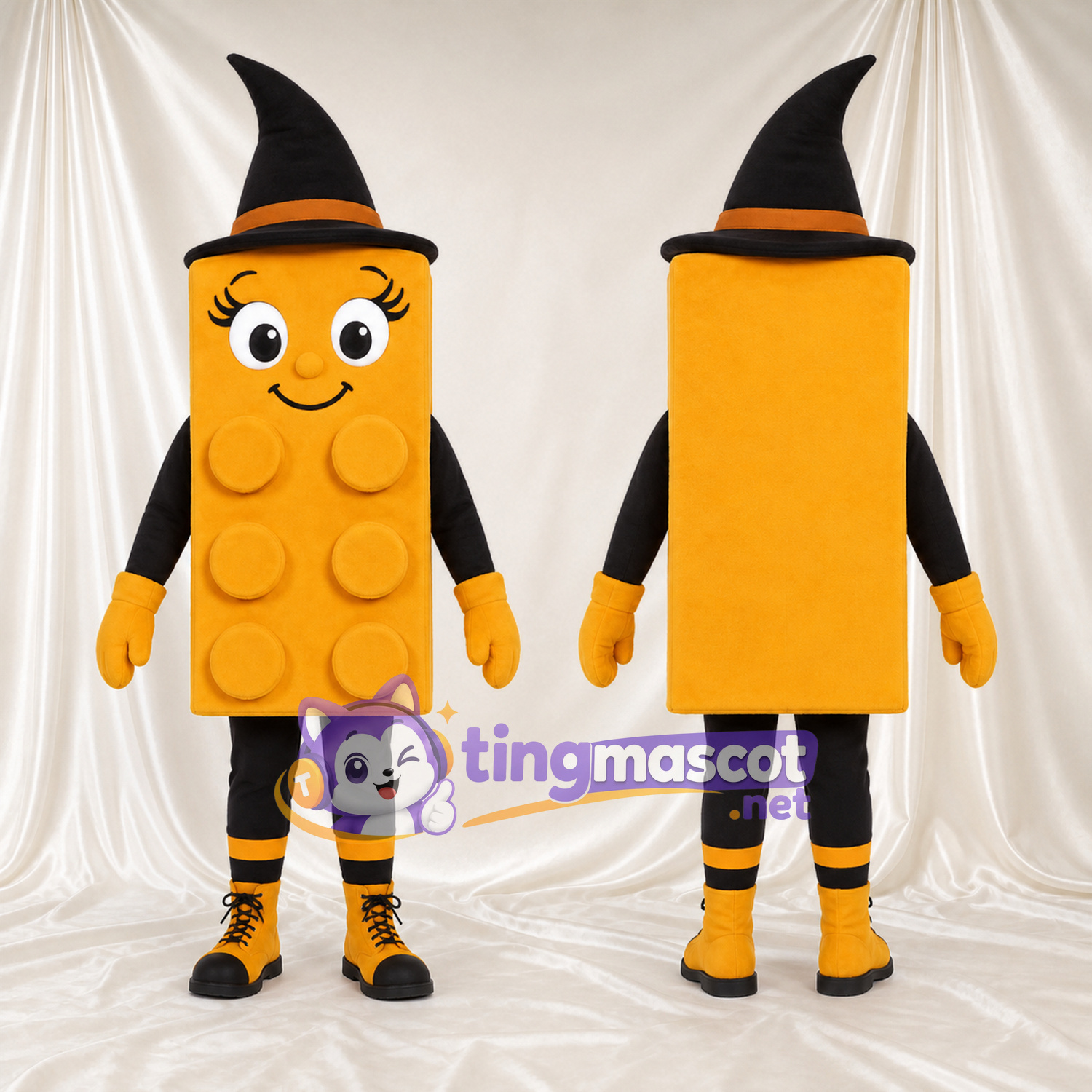 Costume de mascotte Brique de construction – orange – Chapeau (noir); Chaussettes (rayé) Costume de mascotte Brique de construction – orange – Chapeau (noir); Chaussettes (rayé)