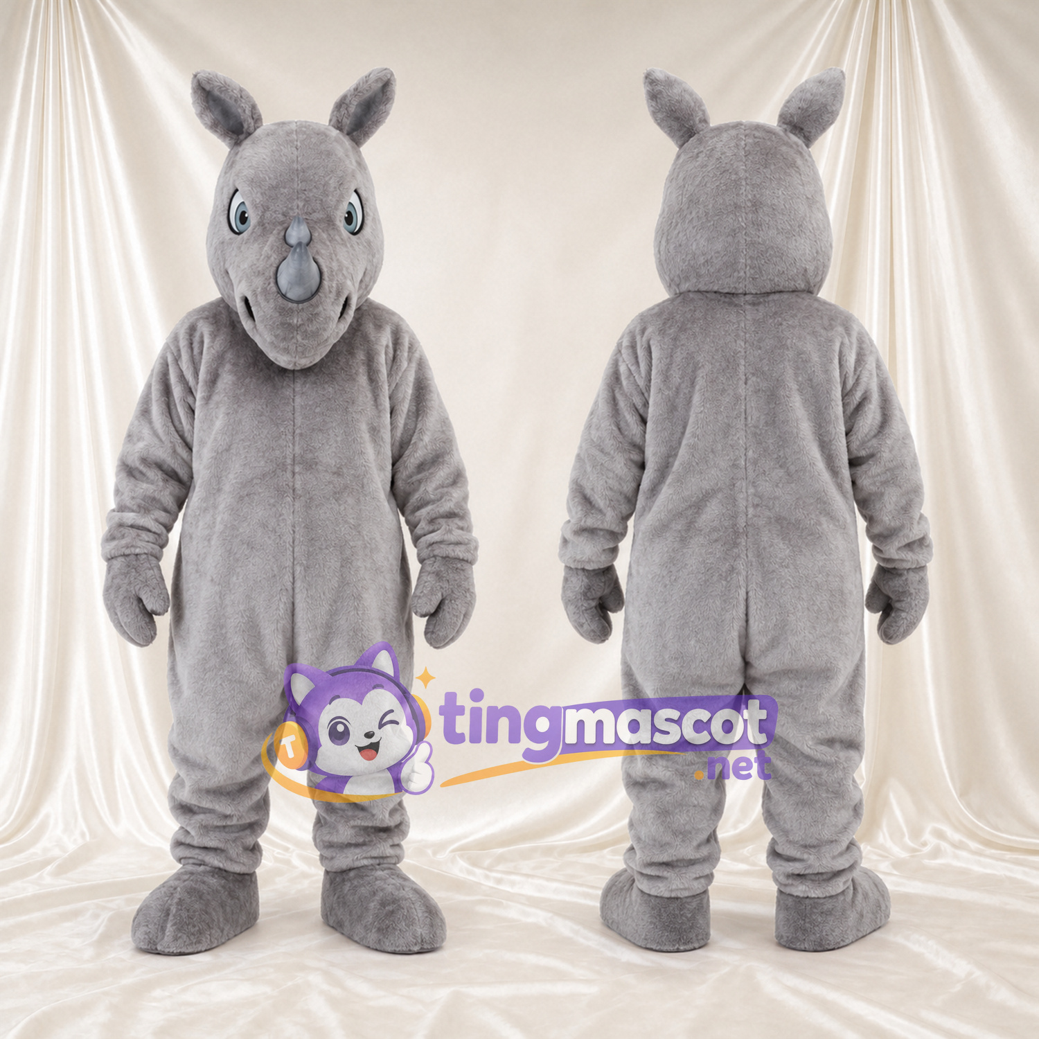 Costume de mascotte Rhinocéros – gris – Corne (court); Oreilles (dressé) Costume de mascotte Rhinocéros – gris – Corne (court); Oreilles (dressé)