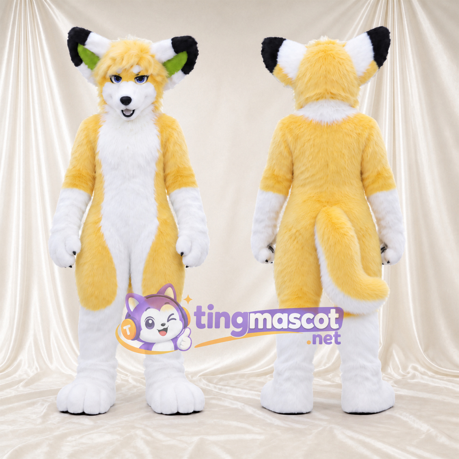 Costume de mascotte Renard – jaune / blanc – Intérieur des oreilles (vert); Mèche sur le front (hirsute) Costume de mascotte Renard – jaune / blanc – Intérieur des oreilles (vert); Mèche sur le front (hirsute)