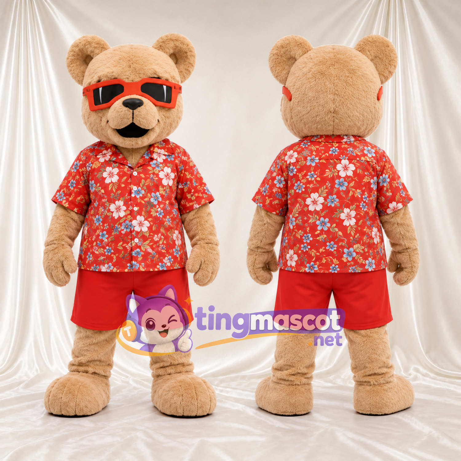 Costume de mascotte Ours – brun clair – Chemise (rouge, fleuri); Lunettes de soleil Costume de mascotte Ours – brun clair – Chemise (rouge, fleuri); Lunettes de soleil