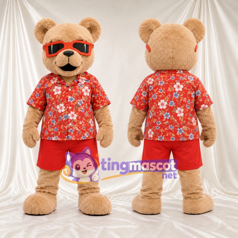 Costume de mascotte Ours – brun clair – Chemise (rouge, fleuri); Lunettes de soleil