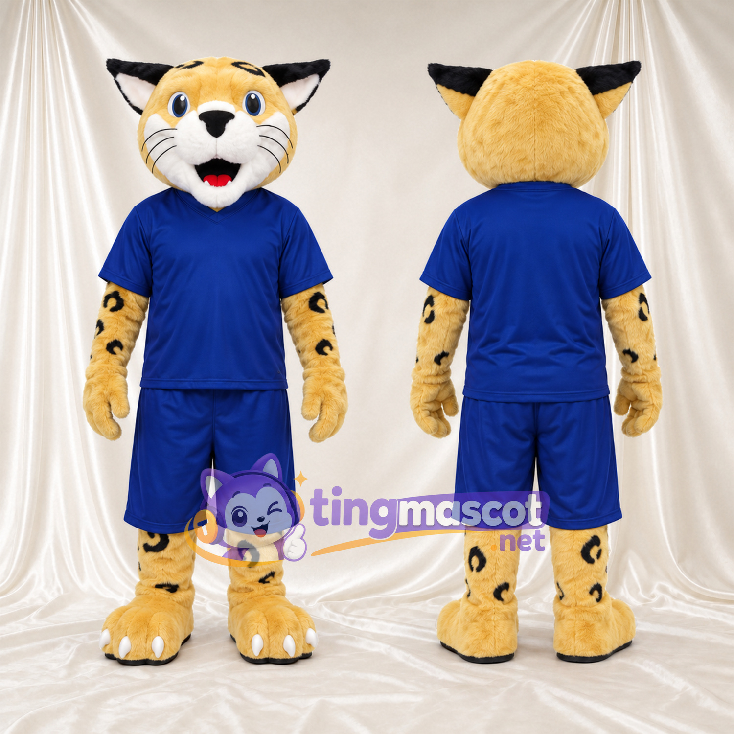 Costume de mascotte Chat sauvage – doré – T-shirt (bleu); Short Costume de mascotte Chat sauvage – doré – T-shirt (bleu); Short