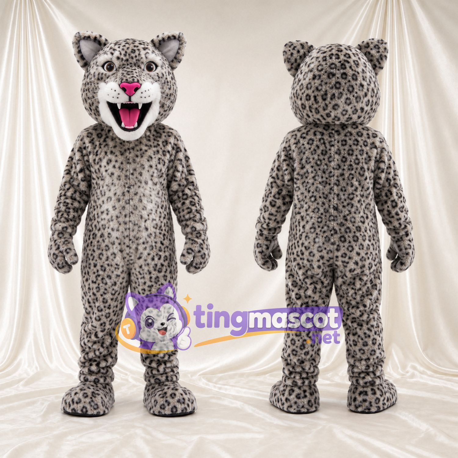 Gray Snow Leopard Mascot Costume - Pink Nose and Roaring Mouth Gray Snow Leopard Mascot Costume - Pink Nose and Roaring Mouth