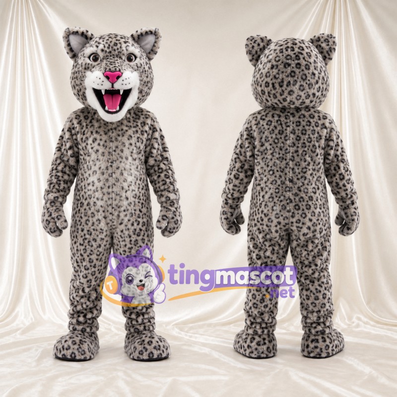 Gray Snow Leopard Mascot Costume - Pink Nose and Roaring Mouth