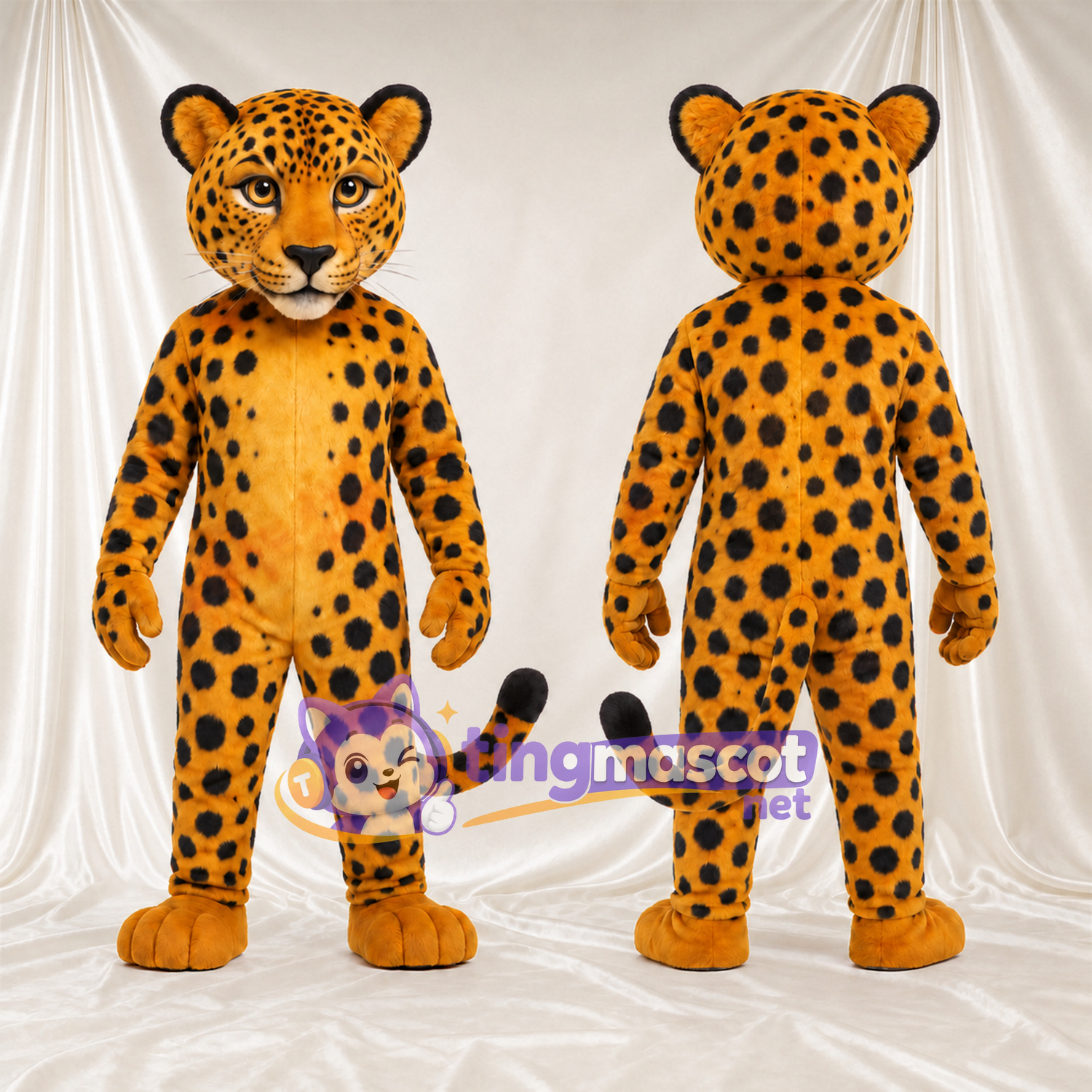 Costume de mascotte Léopard – orange – Taches (noir); Longue queue Costume de mascotte Léopard – orange – Taches (noir); Longue queue