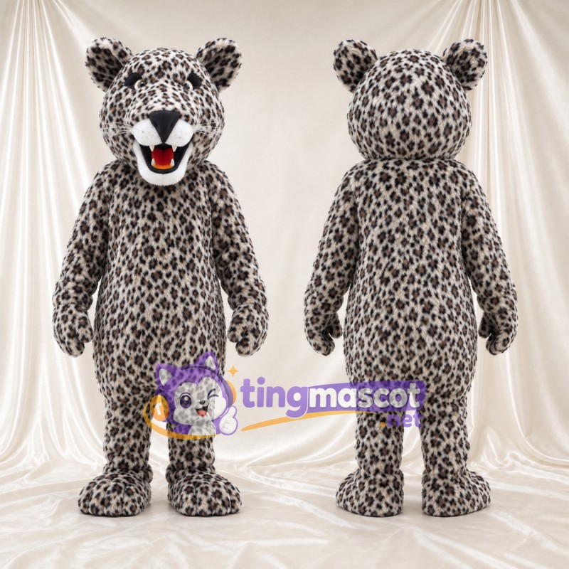 Costume de mascotte Léopard des neiges – blanc – Taches (noir); Bouche (souriant)