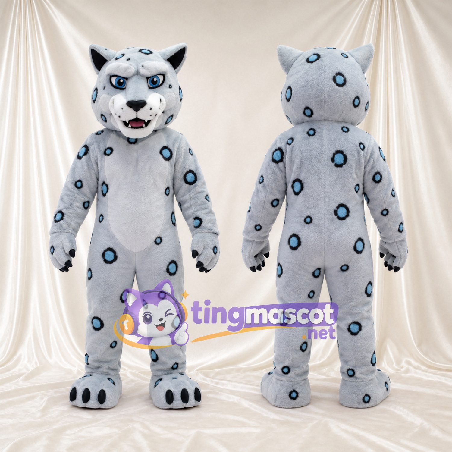 Gray Snow Leopard Mascot Costume - Blue Ring Spots and White Belly Gray Snow Leopard Mascot Costume - Blue Ring Spots and White Belly