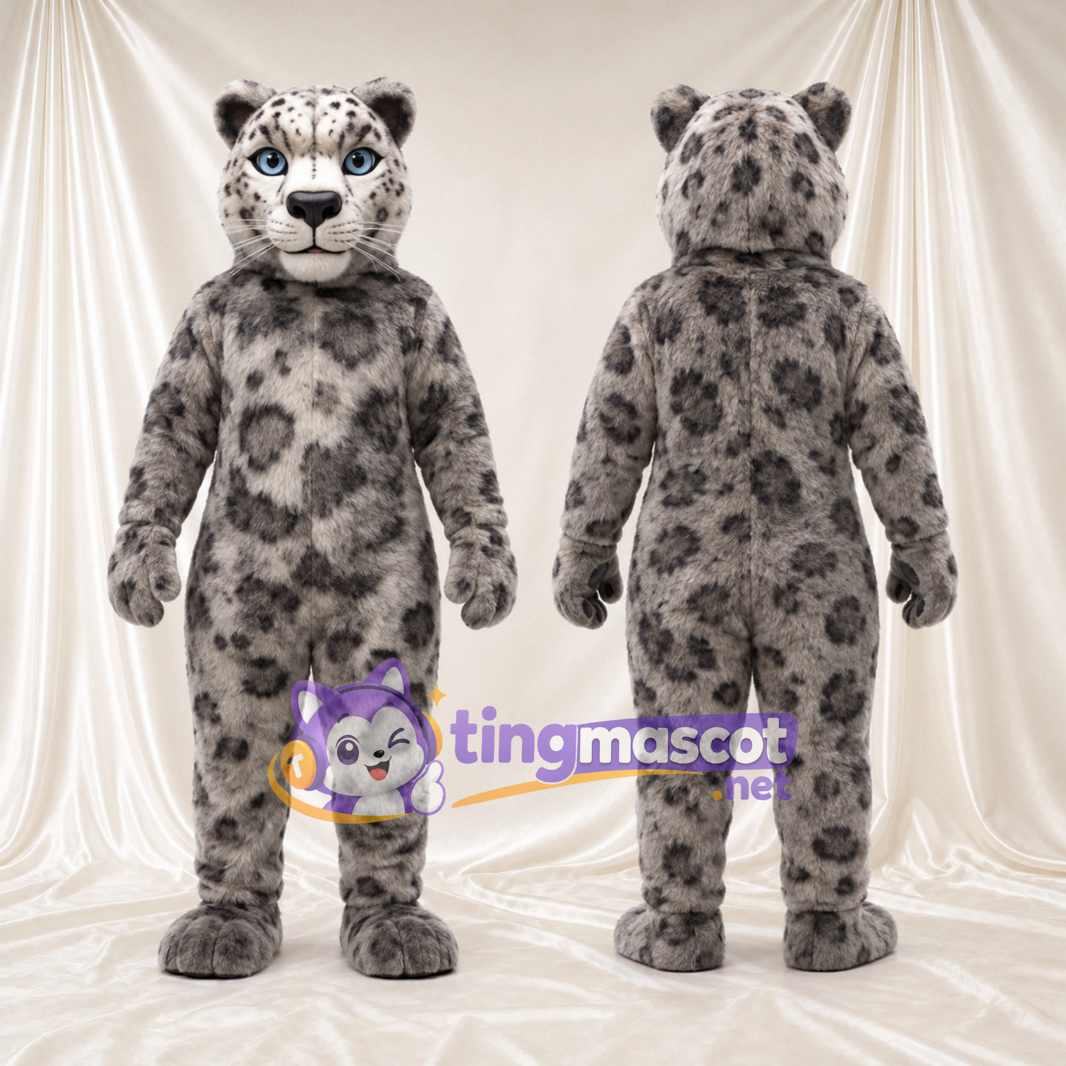 Gray Snow Leopard Mascot Costume - Blue Eyes and Large Dark Spots Gray Snow Leopard Mascot Costume - Blue Eyes and Large Dark Spots