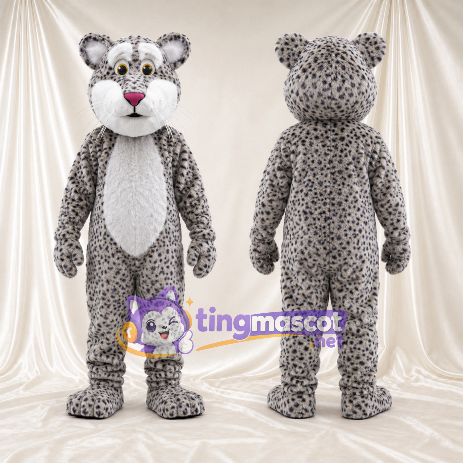 Gray Snow Leopard Mascot Costume - White Belly and Round Cheeks Gray Snow Leopard Mascot Costume - White Belly and Round Cheeks