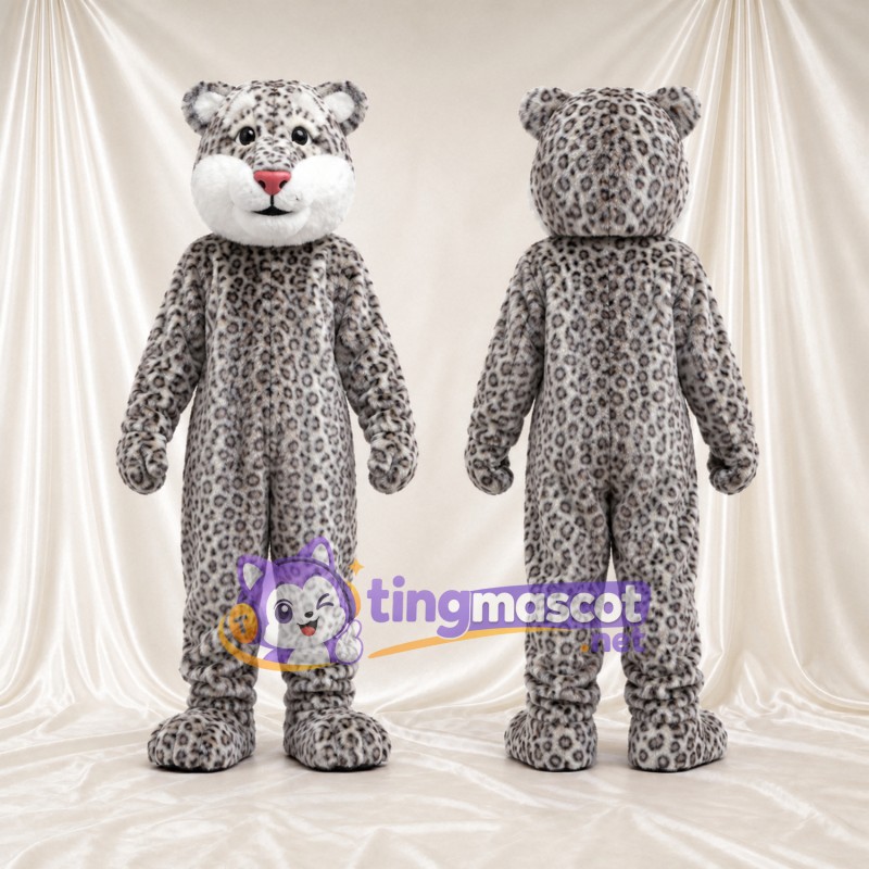 Gray Snow Leopard Mascot Costume - White Cheeks and Pink Nose