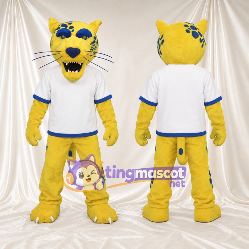 Costume de mascotte Chat sauvage – jaune – Chemise (bleu, blanc); Moustaches (long)