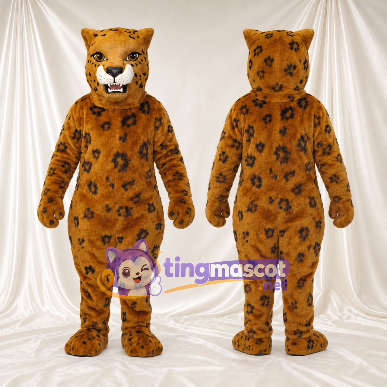 Costume de mascotte Léopard – orange – Taches (grand); Ventre rond Costume de mascotte Léopard – orange – Taches (grand); Ventre rond