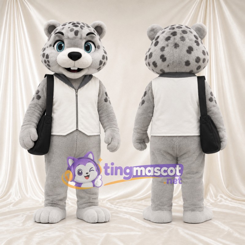 Gray Snow Leopard Mascot Costume - White Zip Vest and Shoulder Bag