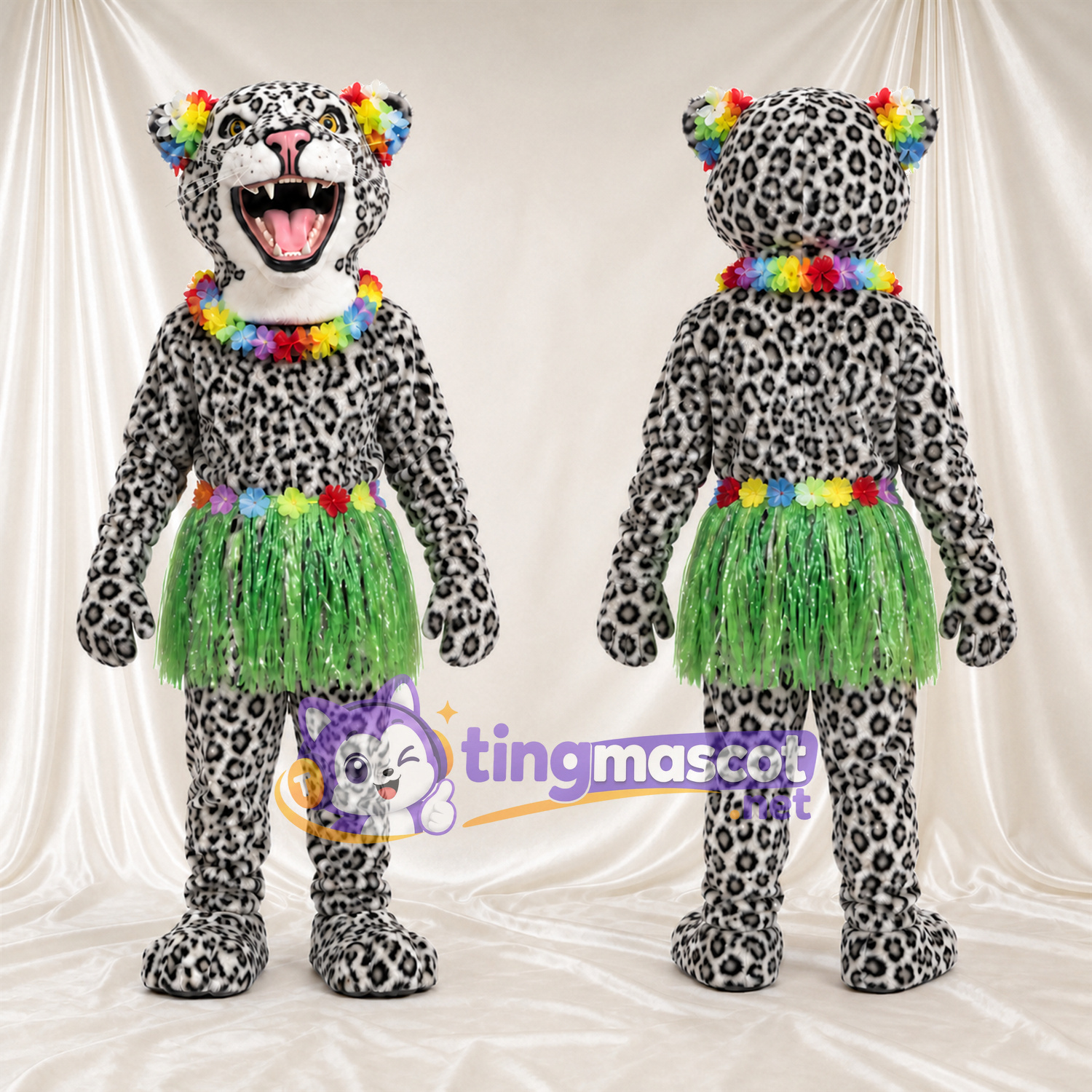 Costume de mascotte Léopard des neiges – blanc – Jupe (vert); Collier de fleurs Costume de mascotte Léopard des neiges – blanc – Jupe (vert); Collier de fleurs