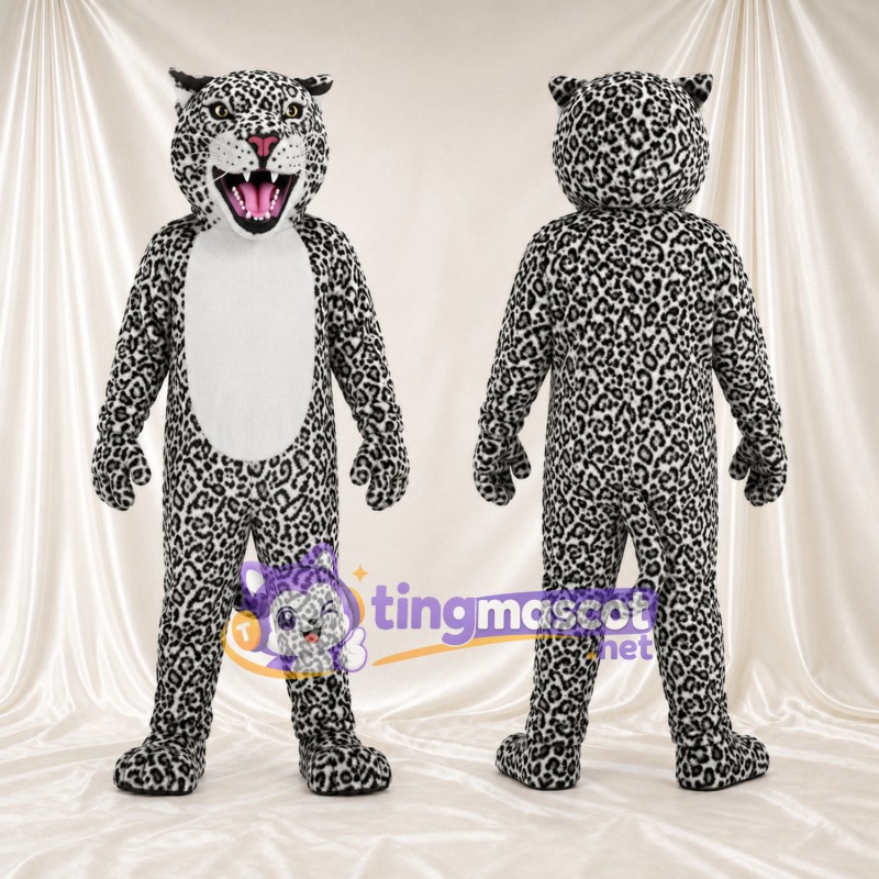 Black and White Leopard Mascot Costume - White Belly and Long Fangs