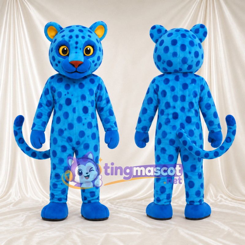 Blue Leopard Mascot Costume - Dark Blue Spots and Yellow Eyes