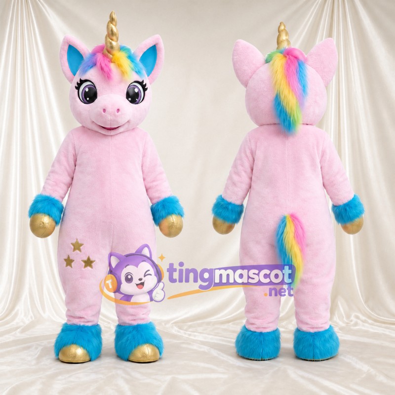 Maskottchenkostüm Einhorn – rosa – Horn (goldfarben); Hufe (blau)