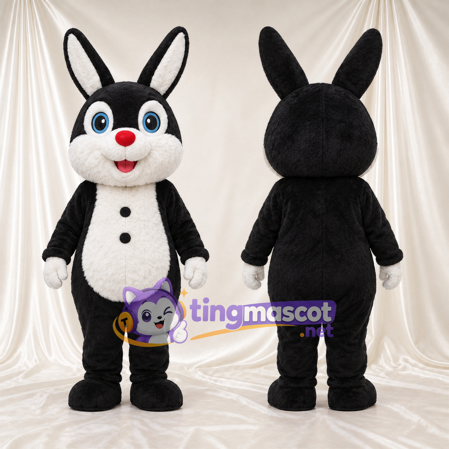 Black and White Rabbit Mascot Costume - Red Nose and Button Belly Black and White Rabbit Mascot Costume - Red Nose and Button Belly