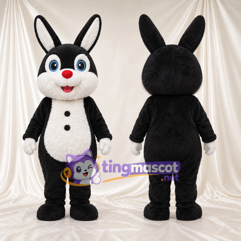 Black and White Rabbit Mascot Costume - Red Nose and Button Belly