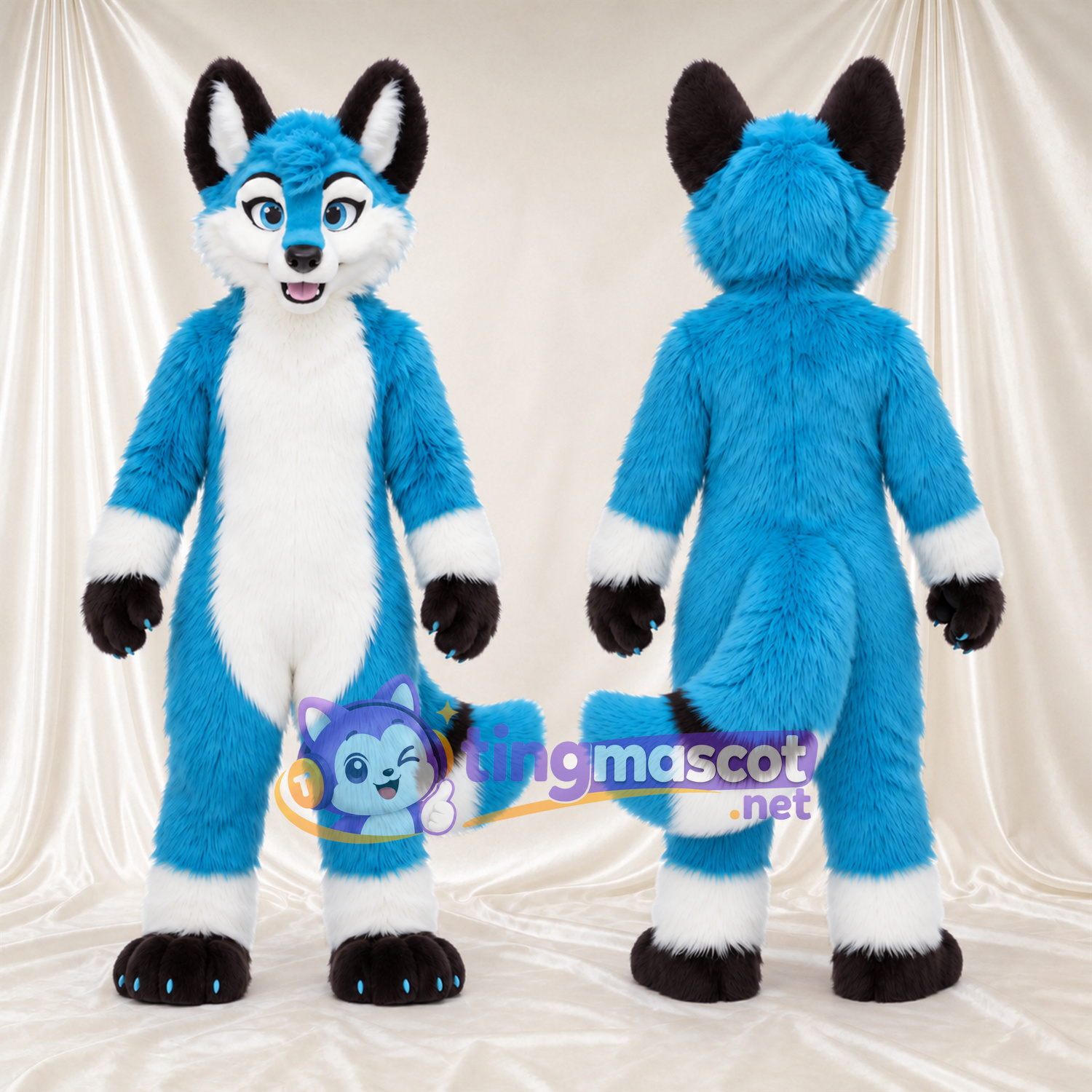 Costume de mascotte Renard – bleu – Ventre (blanc); Pattes (noir) Costume de mascotte Renard – bleu – Ventre (blanc); Pattes (noir)
