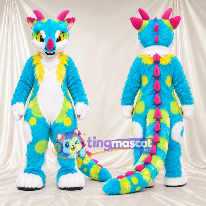 Costume de mascotte Dragon – bleu – Taches (jaune); Cornes (rose)