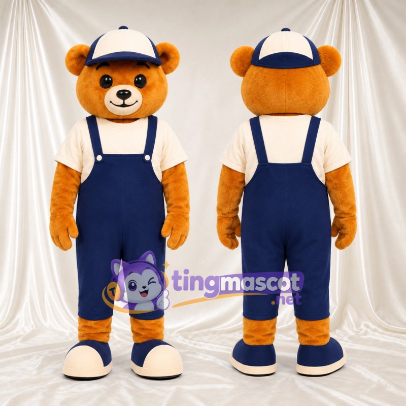 Golden Bear Mascot Costume - Blue Overalls and Baseball Cap