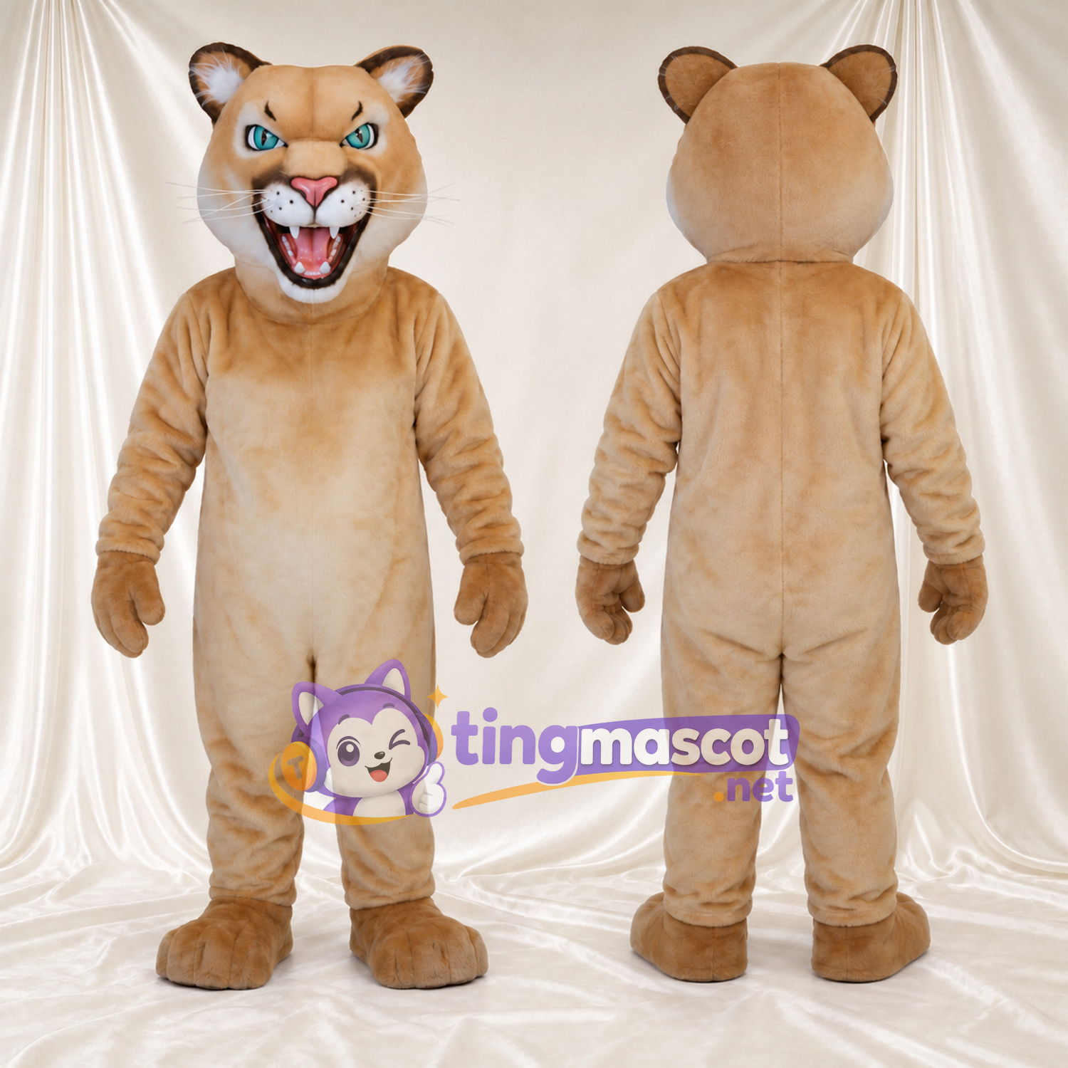 Maskottchenkostüm Puma – hellbraun – Augen (blau); Bauch (creme) Maskottchenkostüm Puma – hellbraun – Augen (blau); Bauch (creme)