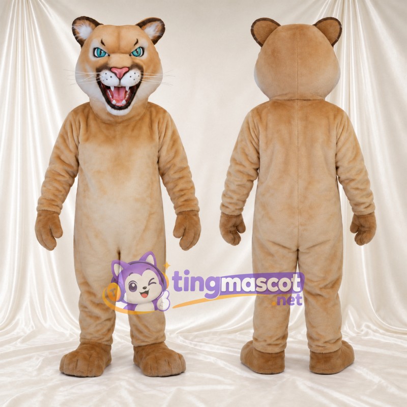 Maskottchenkostüm Puma – hellbraun – Augen (blau); Bauch (creme)