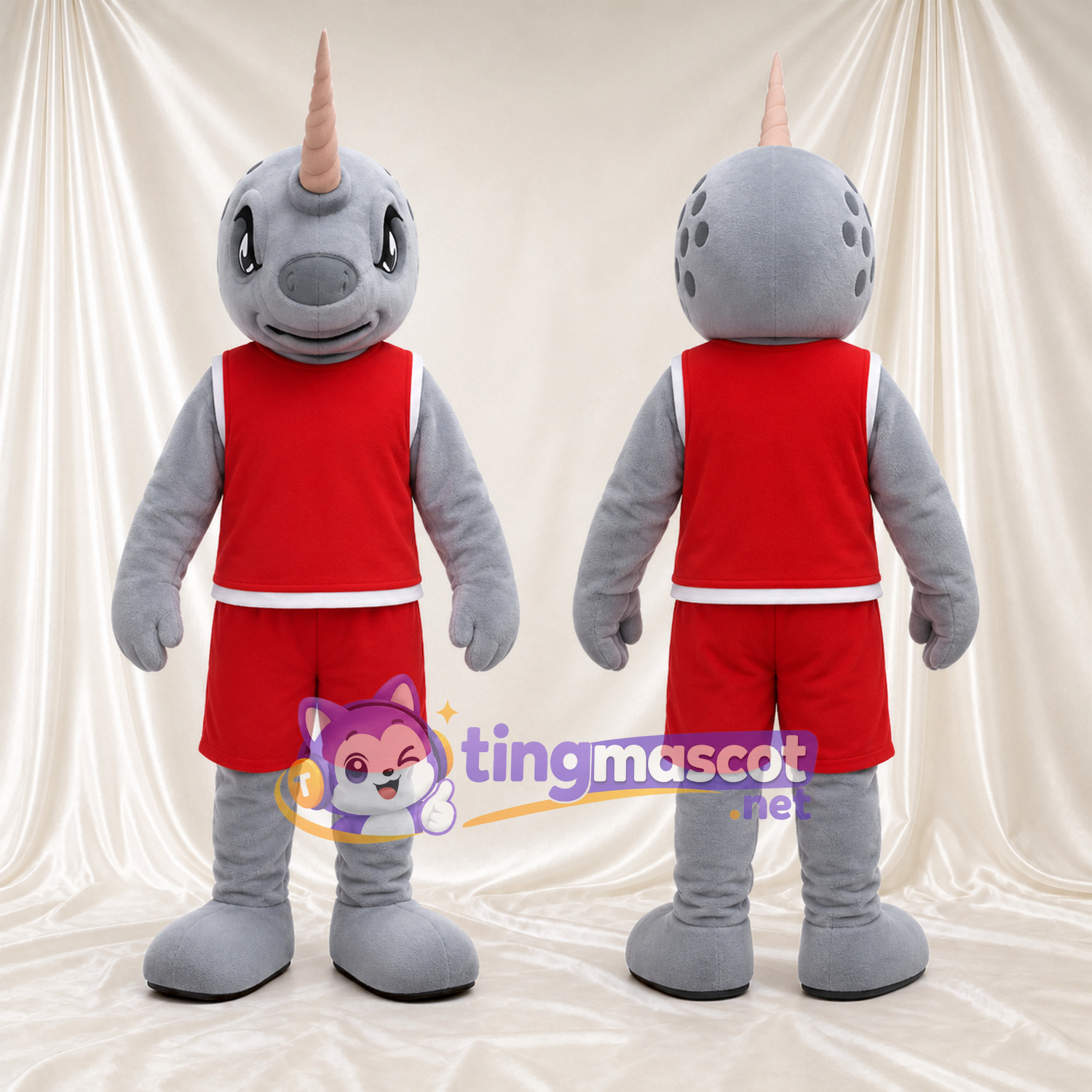 Maskottchenkostüm Narwal – grau – Outfit (rot, sportlich); Horn (lang) Maskottchenkostüm Narwal – grau – Outfit (rot, sportlich); Horn (lang)