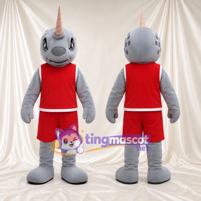Maskottchenkostüm Narwal – grau – Outfit (rot, sportlich); Horn (lang)