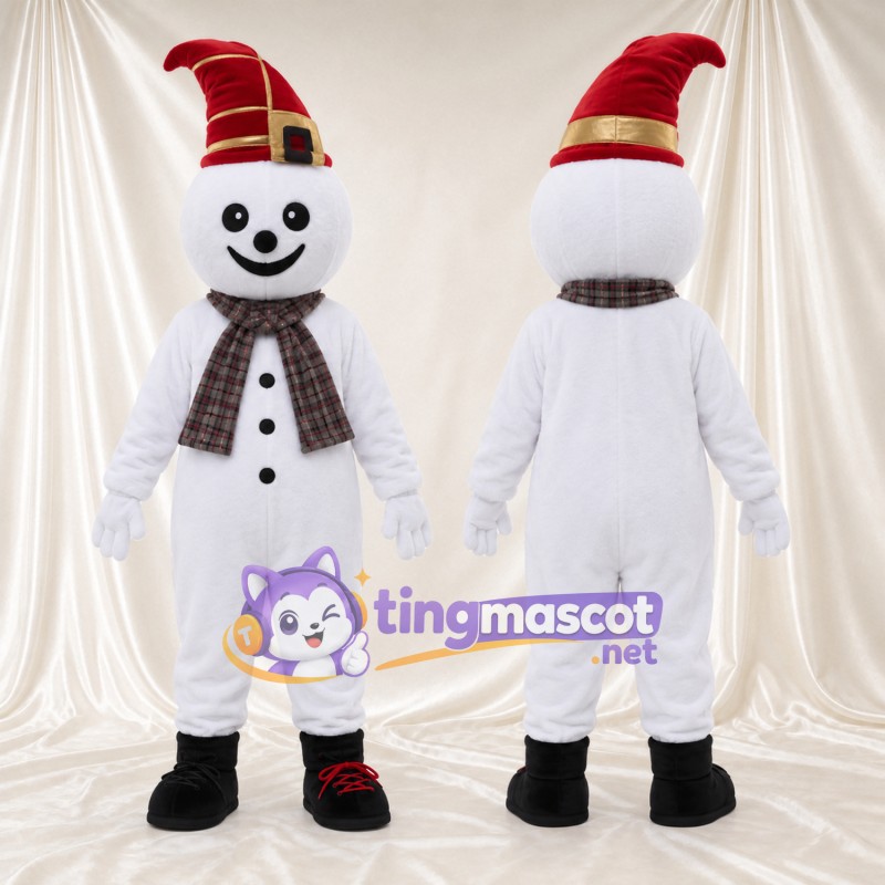 Maskottchenkostüm Schneemann – wie abgebildet – Hut (rot, spitz); Schal (kariert)